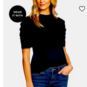 CeCe Puff-Sleeve Ruffled-Neck Knit Top New L